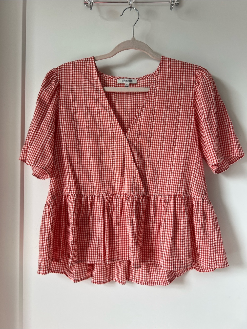 Madewell Red Gingham Wrap Peplum Blouse